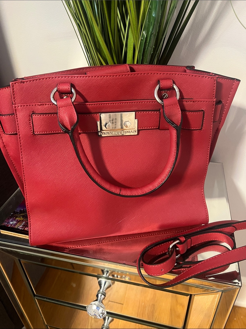 Dana Buchman Red Structured Saffiano Satchel with Shoulder Strap